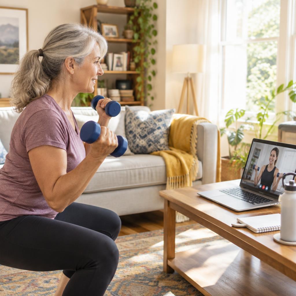 Woman in her 60s doing a live strength session at home